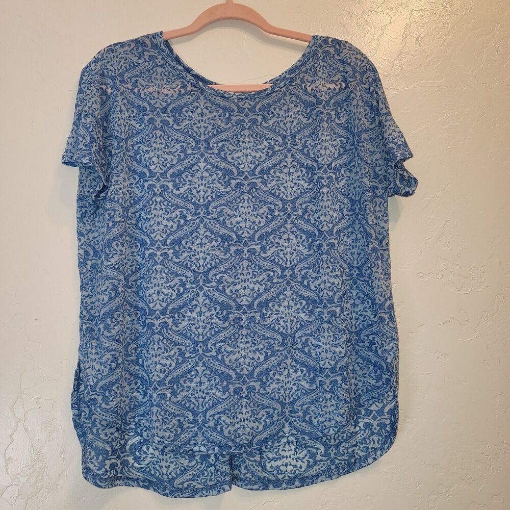 New Womens Sz S Short Sleeve Burnout T-Shirt Top Damask Blue Semi Sheer Casual